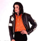 Person wearing a black jacket with white accents and an orange shirt on a white background