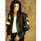 Person wearing a black leather jacket with decorative patches on a beige background
