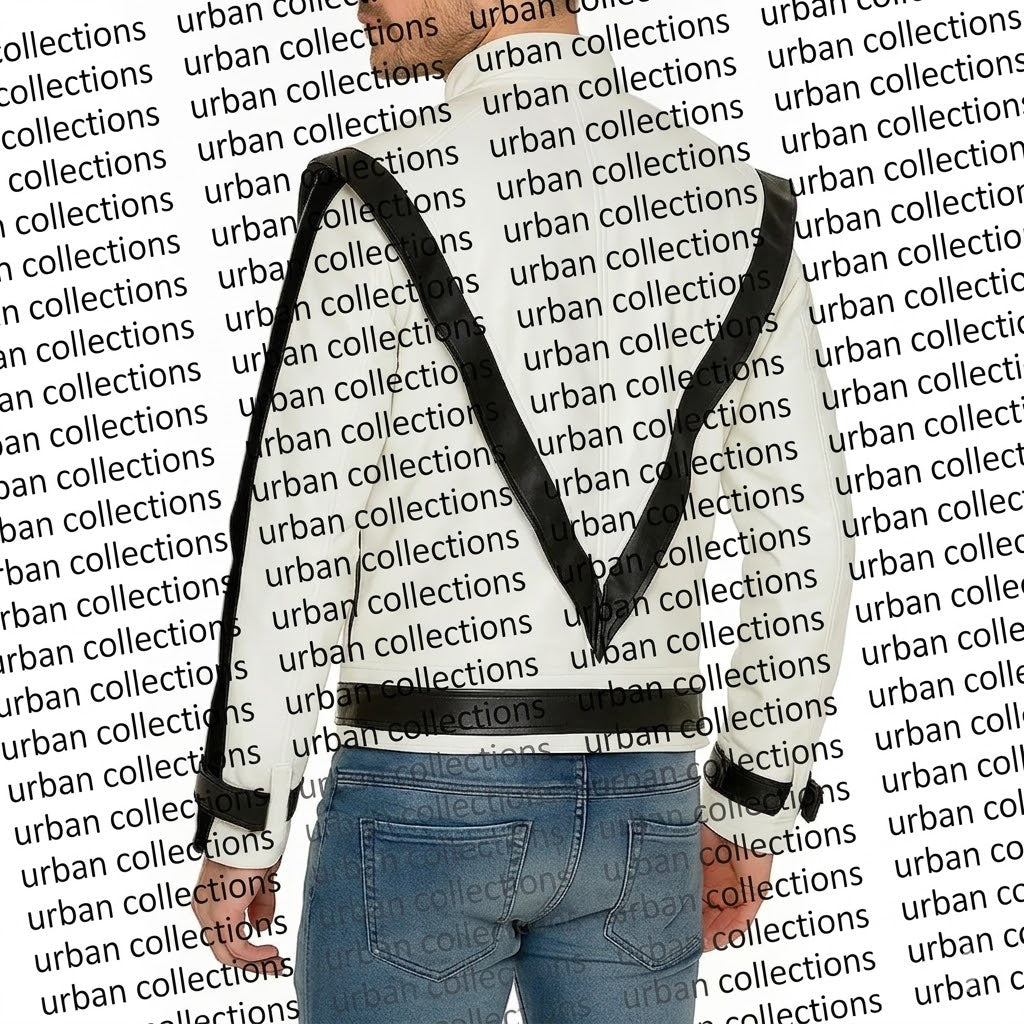 Person wearing black suspenders over a white shirt with 'urban collections' branding in the background.