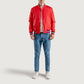 Red Satin Letterman Jacket with White Stripes