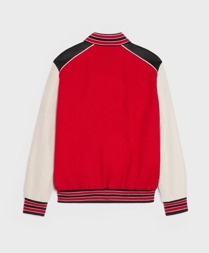 Red Triple Color Rib Color Lettermen Varsity Jacket