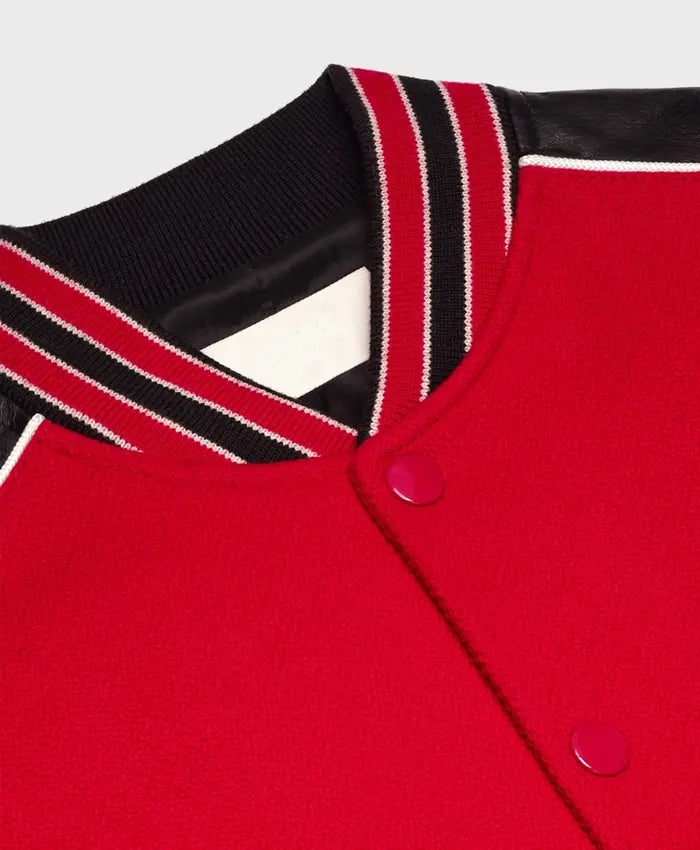 Red Triple Color Rib Color Lettermen Varsity Jacket