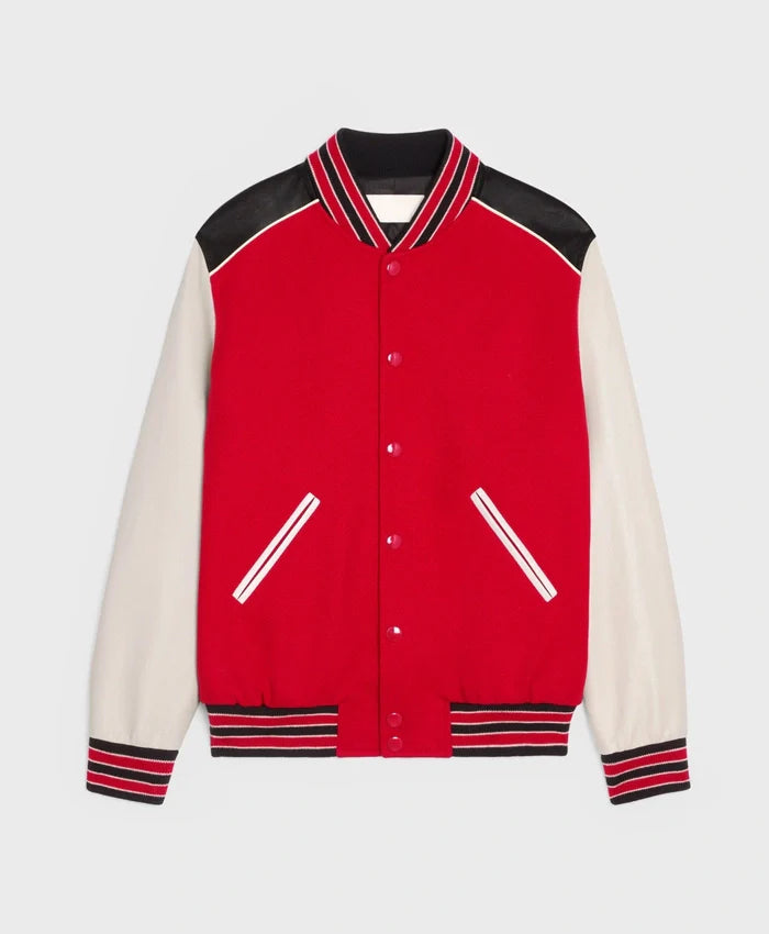 Red Triple Color Rib Color Lettermen Varsity Jacket