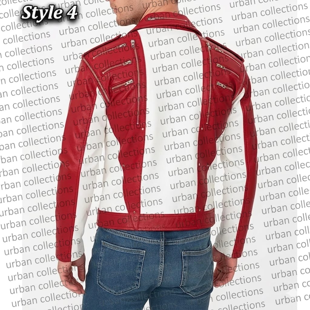 Red and white jacket with blue jeans on a white background with 'urban collections' text.