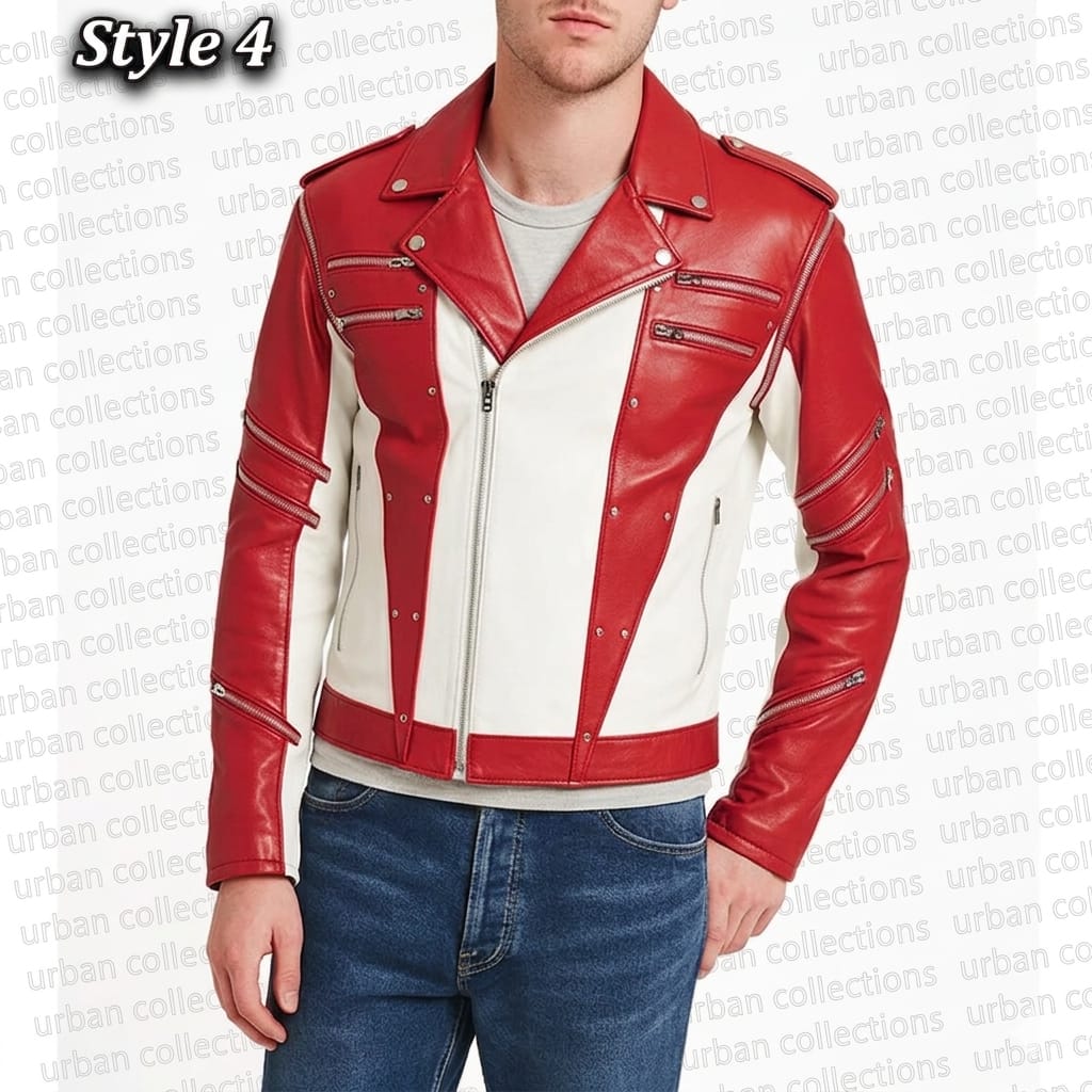 Red and white leather jacket worn by a person on a branded background