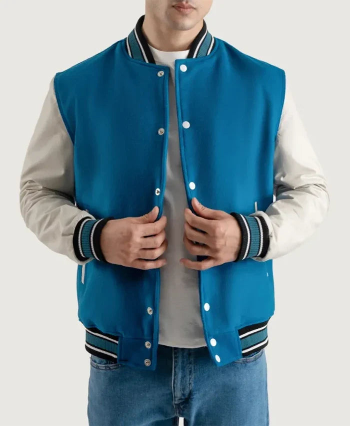 Roderick Sky Blue and White Varsity Letterman Jacket