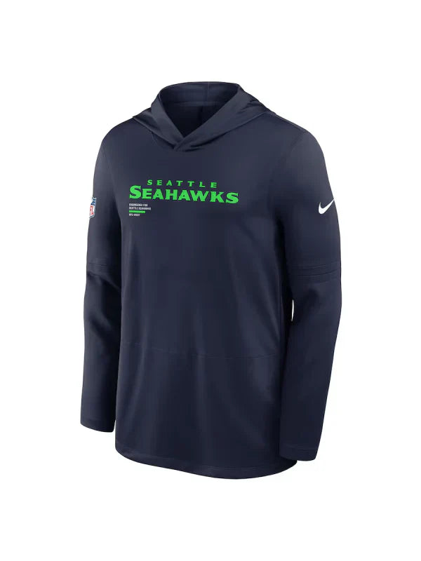 Seattle Seahawks Sideline Performance Long Sleeve Hoodie T-Shirt – Navy Blue Pullover (Recreated Edition)