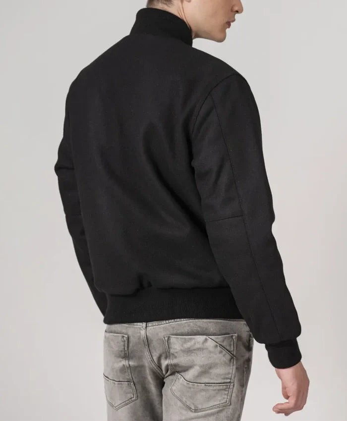Simple Black Wool Baseball Varsity Jacket