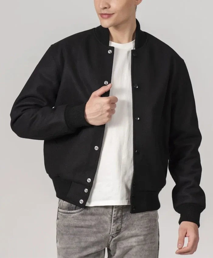 Simple Black Wool Baseball Varsity Jacket