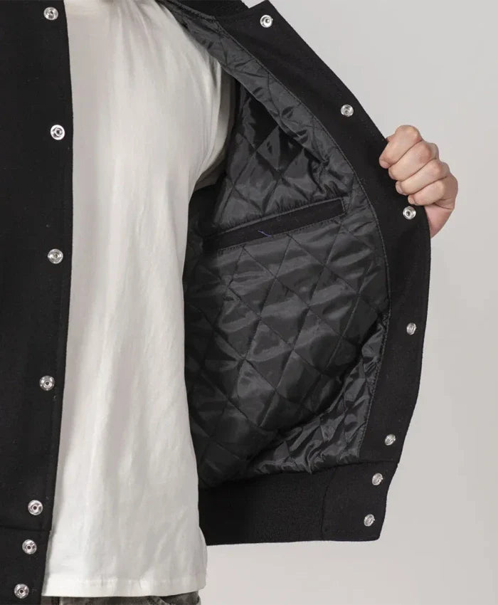 Simple Black Wool Baseball Varsity Jacket