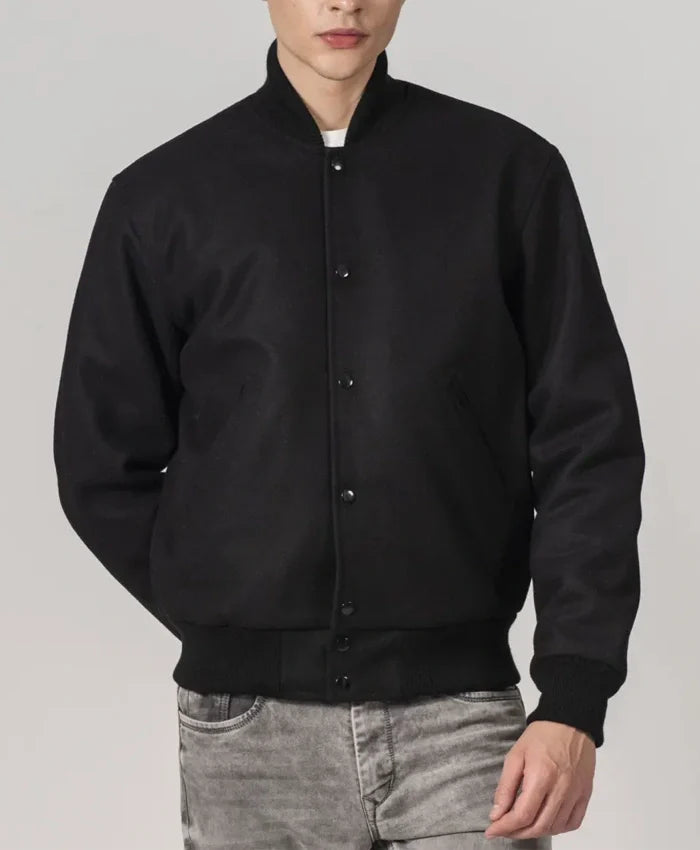 Simple Black Wool Baseball Varsity Jacket