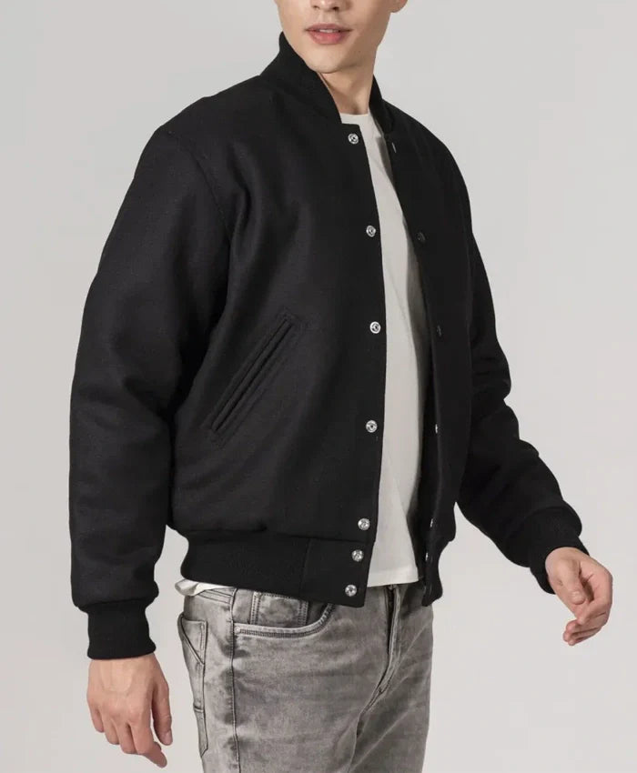 Simple Black Wool Baseball Varsity Jacket