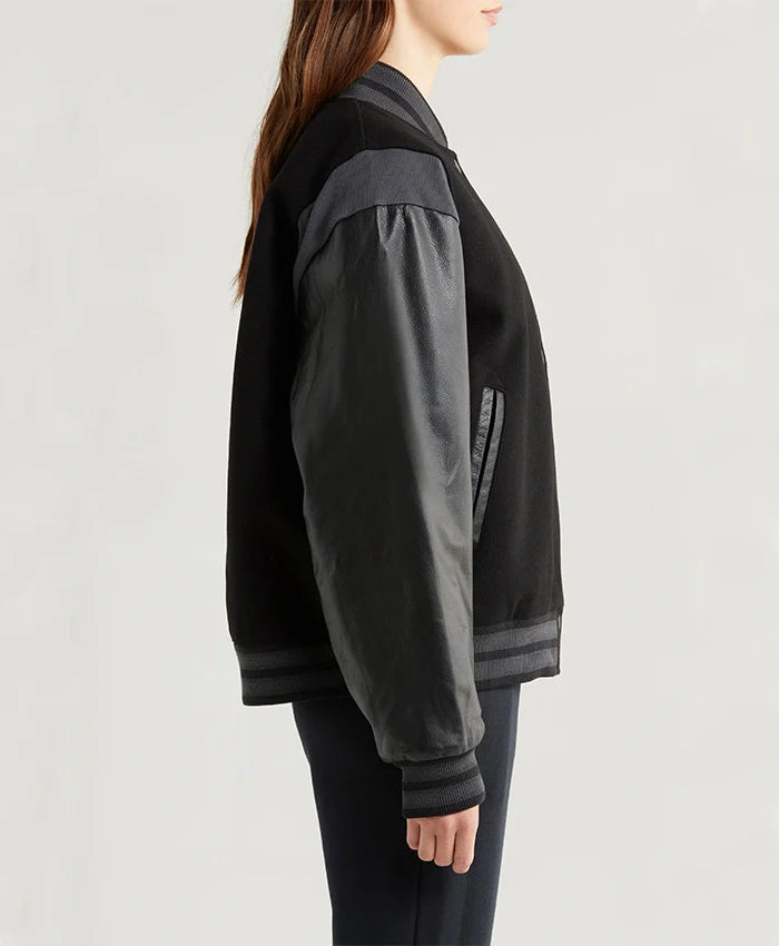 Sportswear Womens Black Leather Sleeves Bomber Jacket
