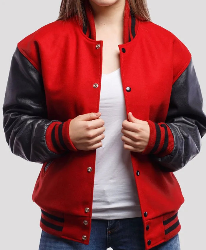 Stacie Red Wool Body Black Leather Sleeves Lettermen Jacket
