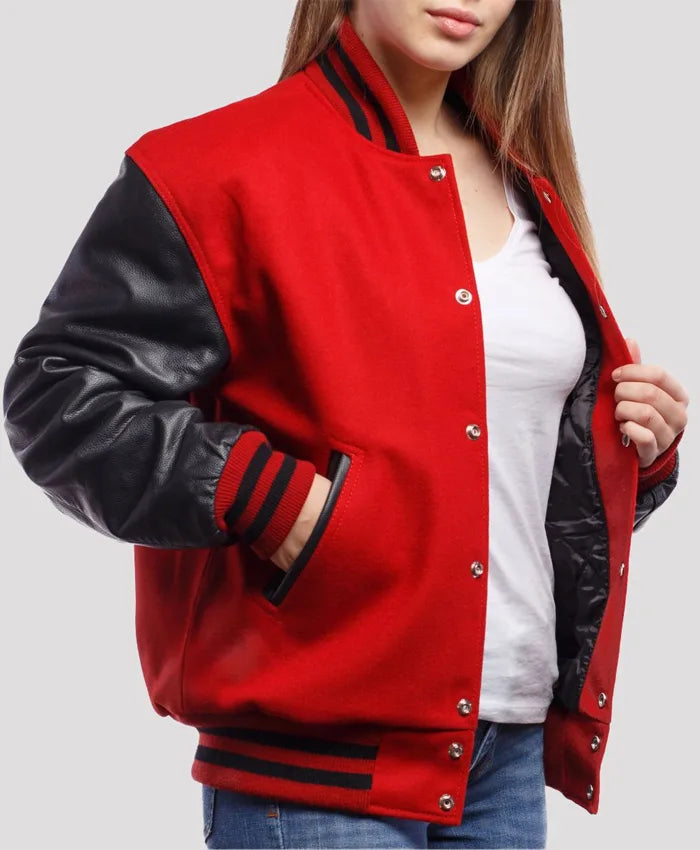 Stacie Red Wool Body Black Leather Sleeves Lettermen Jacket