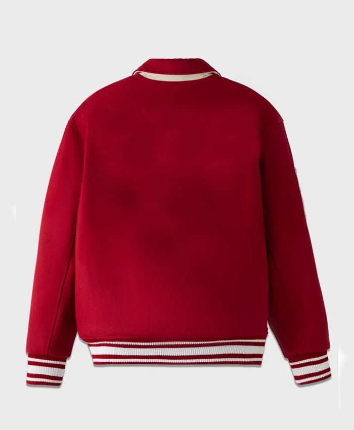 Stand Ford Red Trendy Drop Down Collar Varsity Jacket