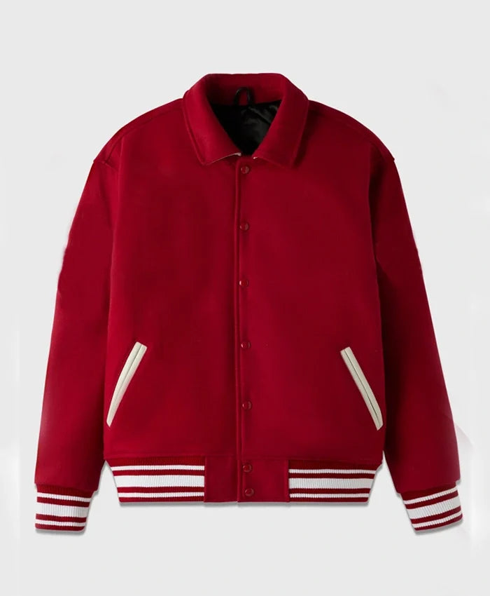 Stand Ford Red Trendy Drop Down Collar Varsity Jacket