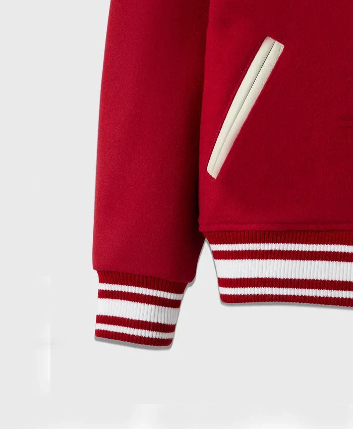 Stand Ford Red Trendy Drop Down Collar Varsity Jacket