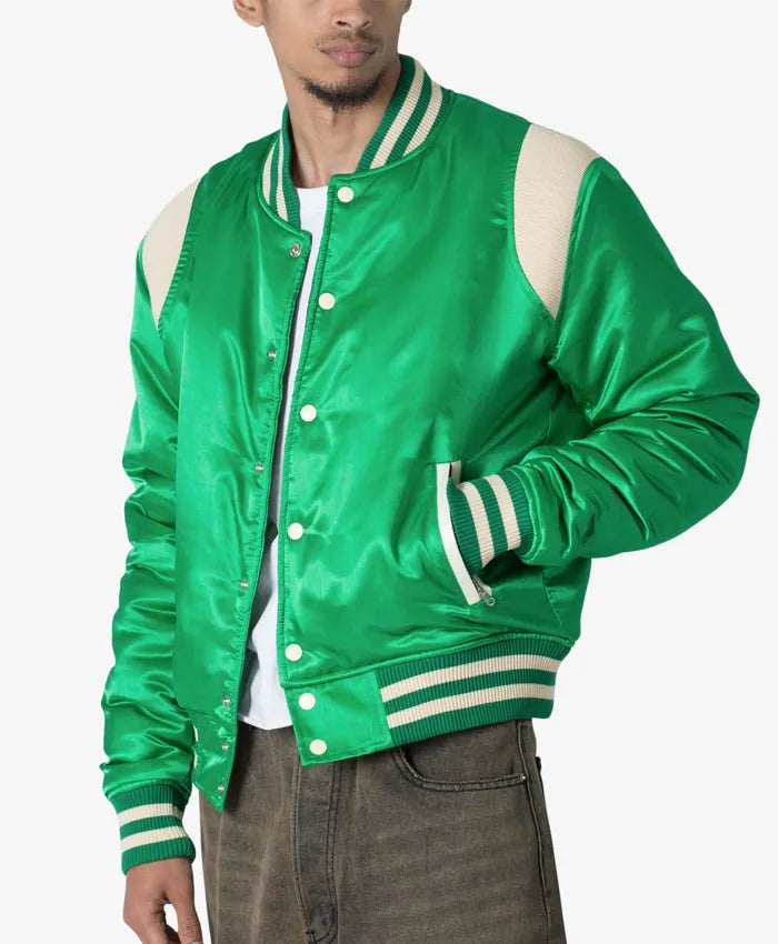 Trendy Satin Green Letterman Varsity Jacket