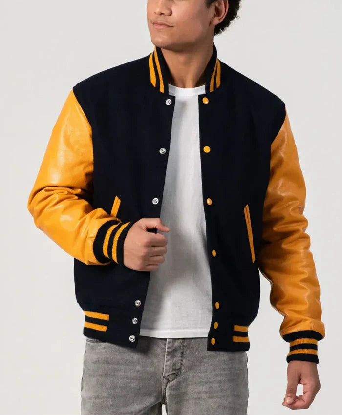 Unisex Black And Yellow Leather Varsity Jacket
