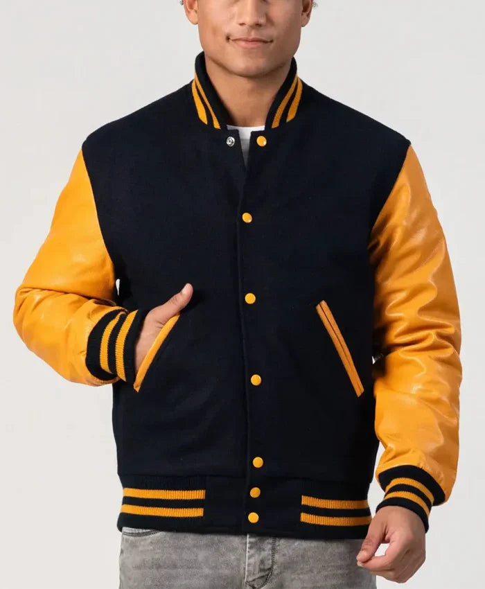 Unisex Black And Yellow Leather Varsity Jacket