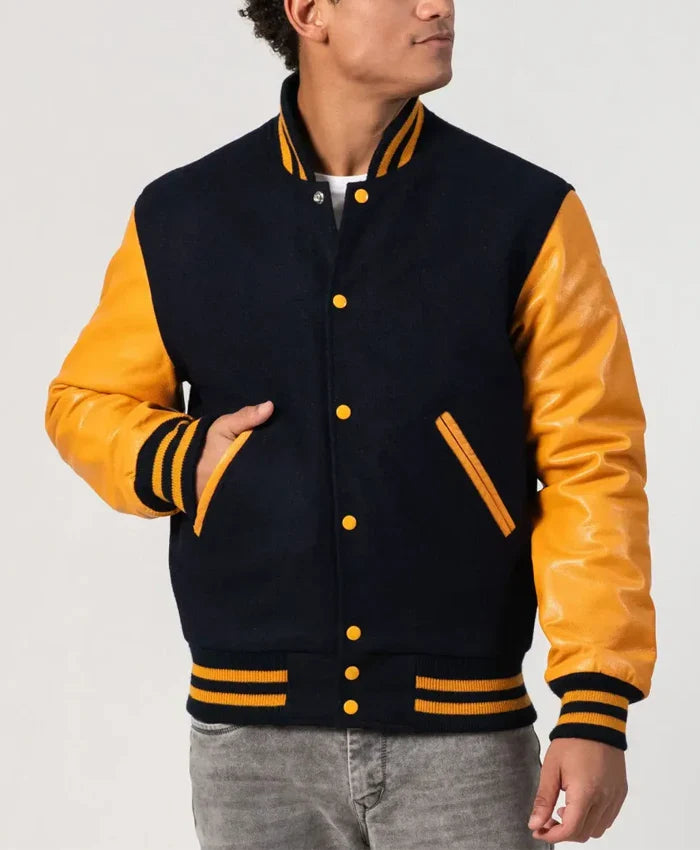 Unisex Black And Yellow Leather Varsity Jacket