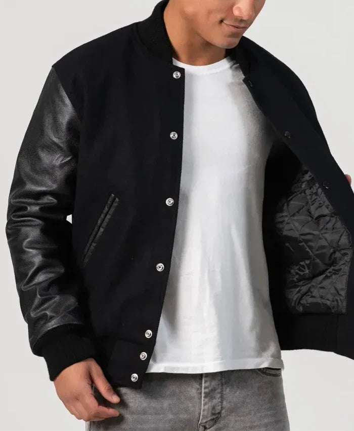 Unisex Black Varsity Jacket With Leather Sleeves