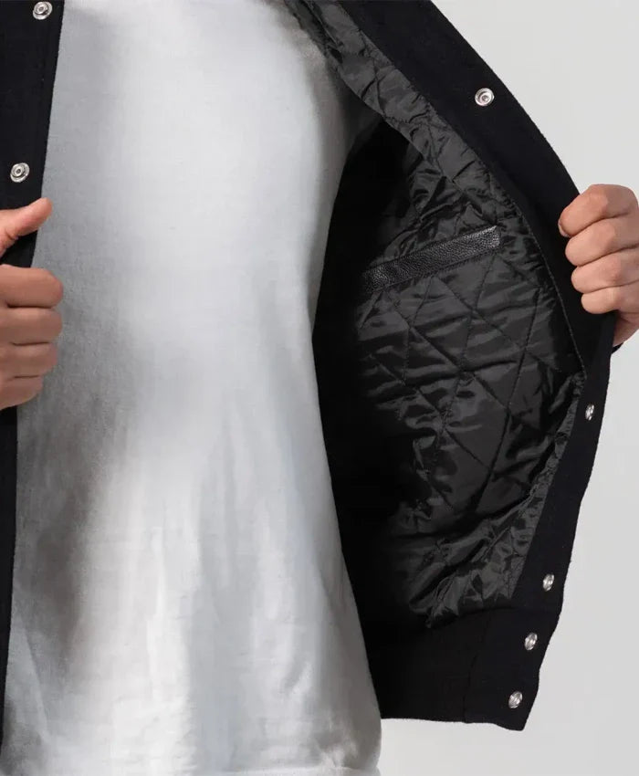 Unisex Black Varsity Jacket With Leather Sleeves