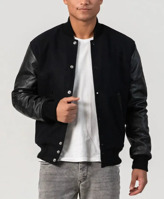 Unisex Black Varsity Jacket With Leather Sleeves