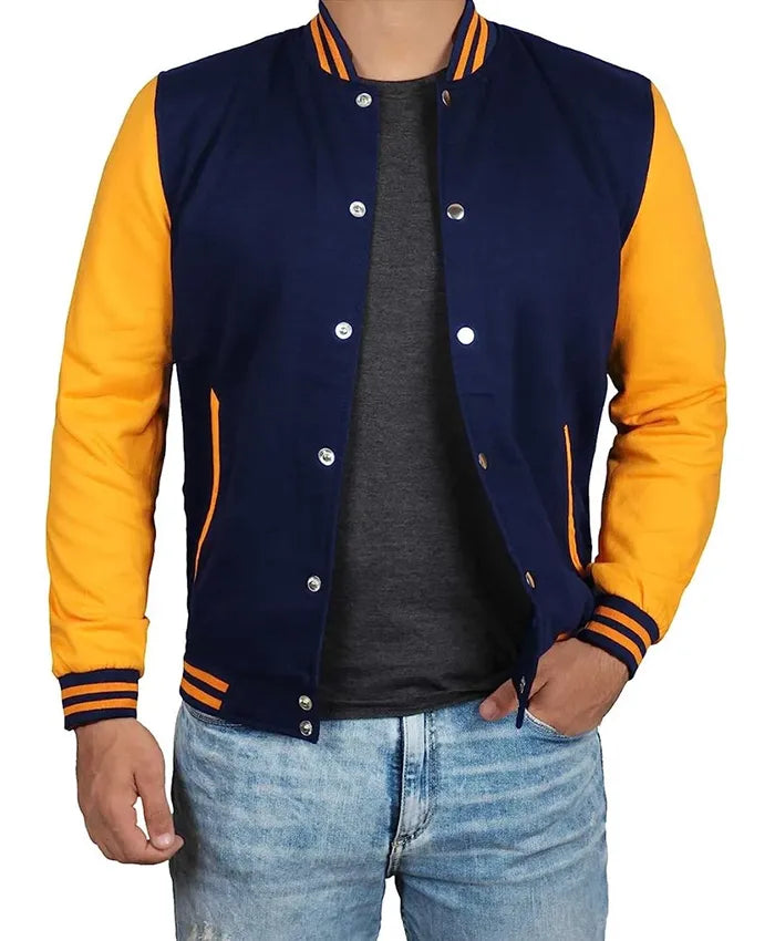 Unisex Blue And Yellow Varsity Bomber Jacket