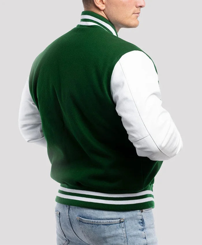 Unisex Green And White Lettermen Jacket