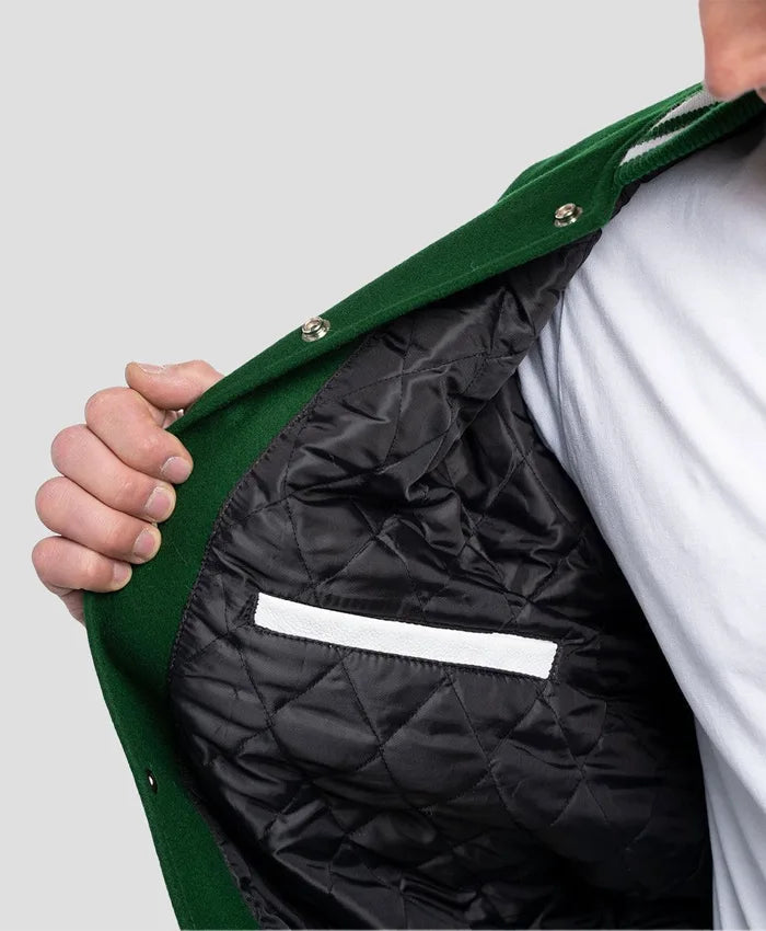 Unisex Green And White Lettermen Jacket