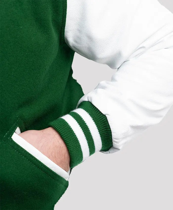 Unisex Green And White Lettermen Jacket