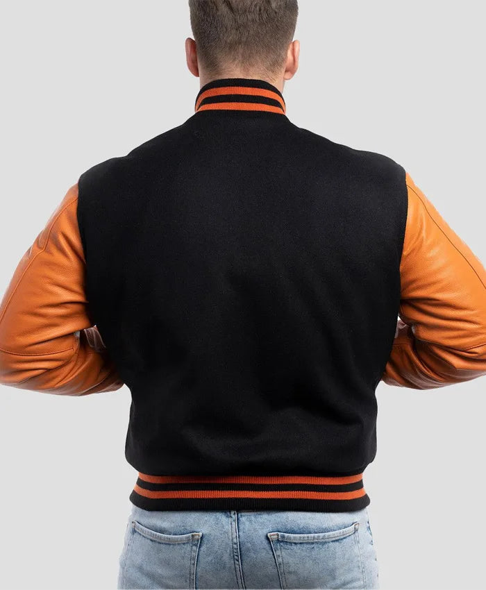 Unisex Orange And Black Varsity Bomber Jacket