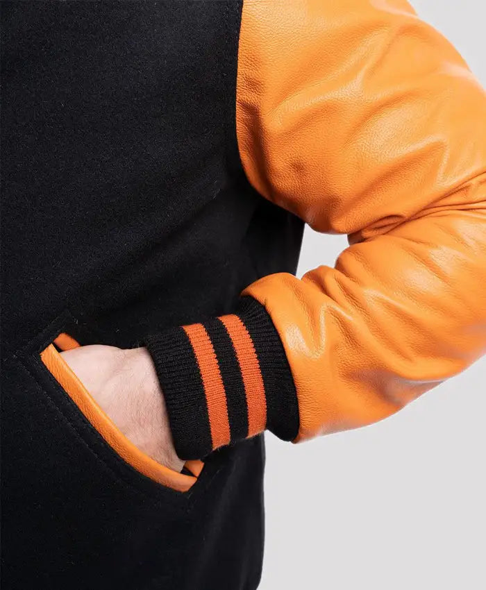 Unisex Orange And Black Varsity Bomber Jacket