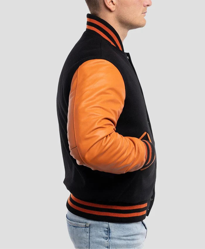 Unisex Orange And Black Varsity Bomber Jacket