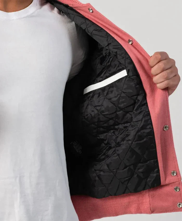 Unisex Pink Wool White Leather Sleeves Varsity Jacket