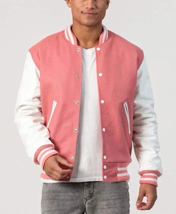 Unisex Pink Wool White Leather Sleeves Varsity Jacket