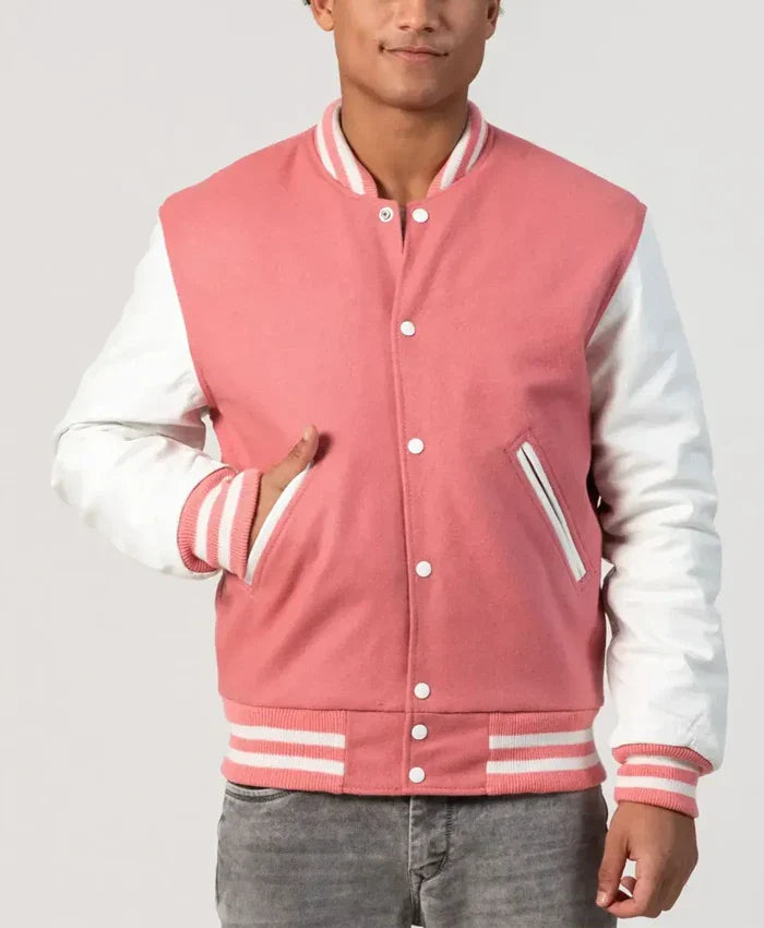 Unisex Pink Wool White Leather Sleeves Varsity Jacket