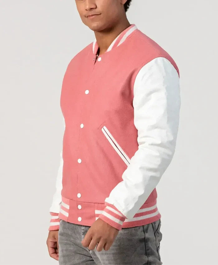 Unisex Pink Wool White Leather Sleeves Varsity Jacket