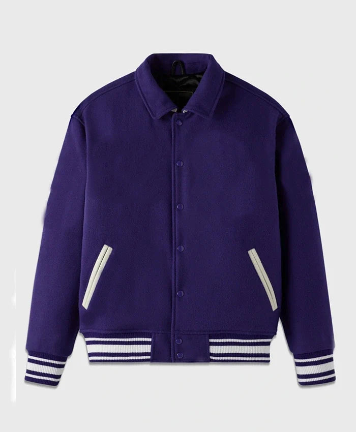 Unisex Purple Drop Down Collar Lettermen Varsity Jacket