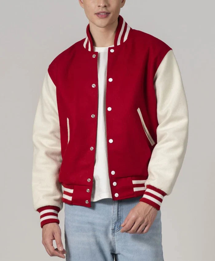 Unisex Red And White Varsity Lettermen Jacket