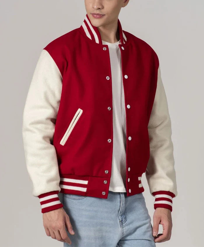 Unisex Red And White Varsity Lettermen Jacket