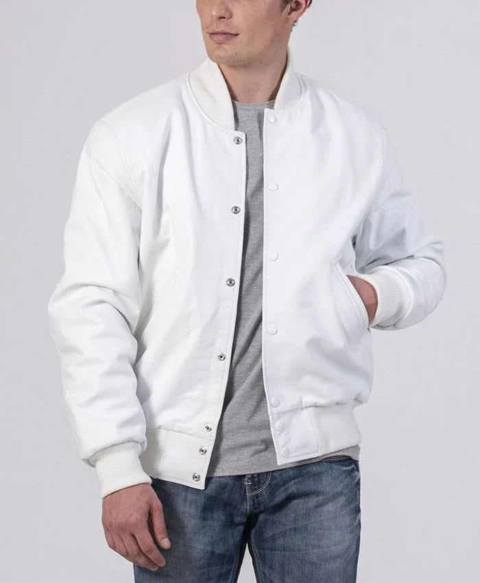Unisex White Varsity Lettermen Bomber Jacket