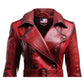 Women Distressed Red Leather Long Coat - Distressed Leather Coat