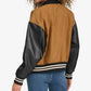 Women’s Brown Varsity Bomber Jacket With Leather Sleeves