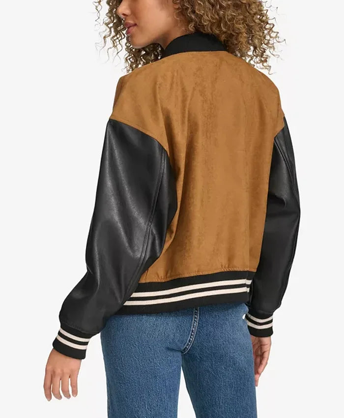 Women’s Brown Varsity Bomber Jacket With Leather Sleeves
