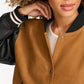 Women’s Brown Varsity Bomber Jacket With Leather Sleeves