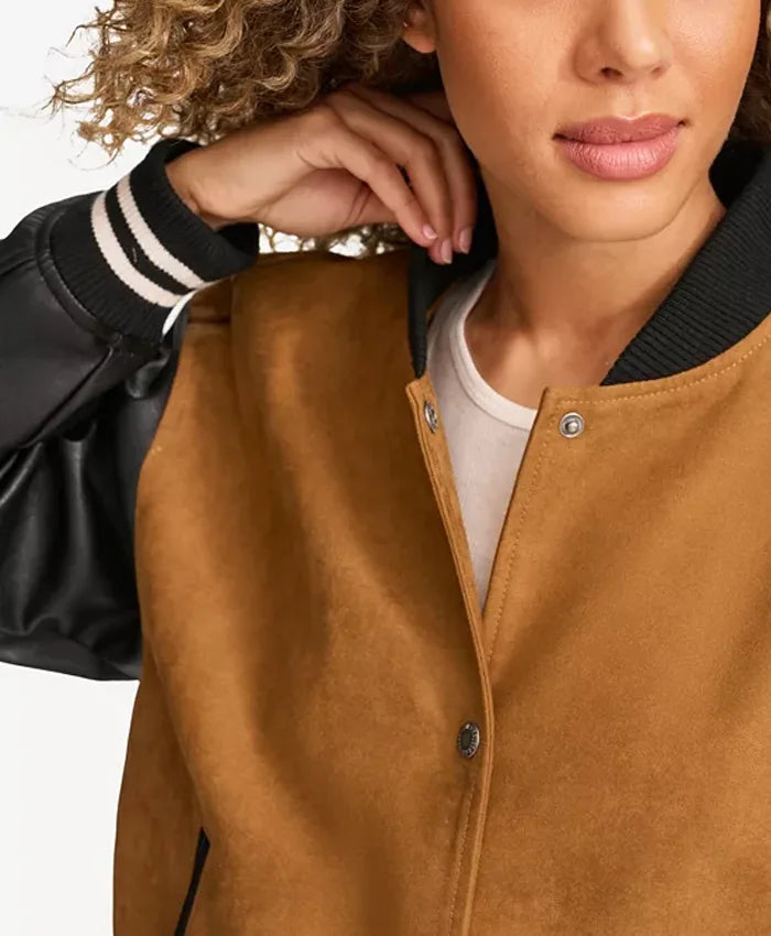 Women’s Brown Varsity Bomber Jacket With Leather Sleeves