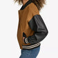 Women’s Brown Varsity Bomber Jacket With Leather Sleeves